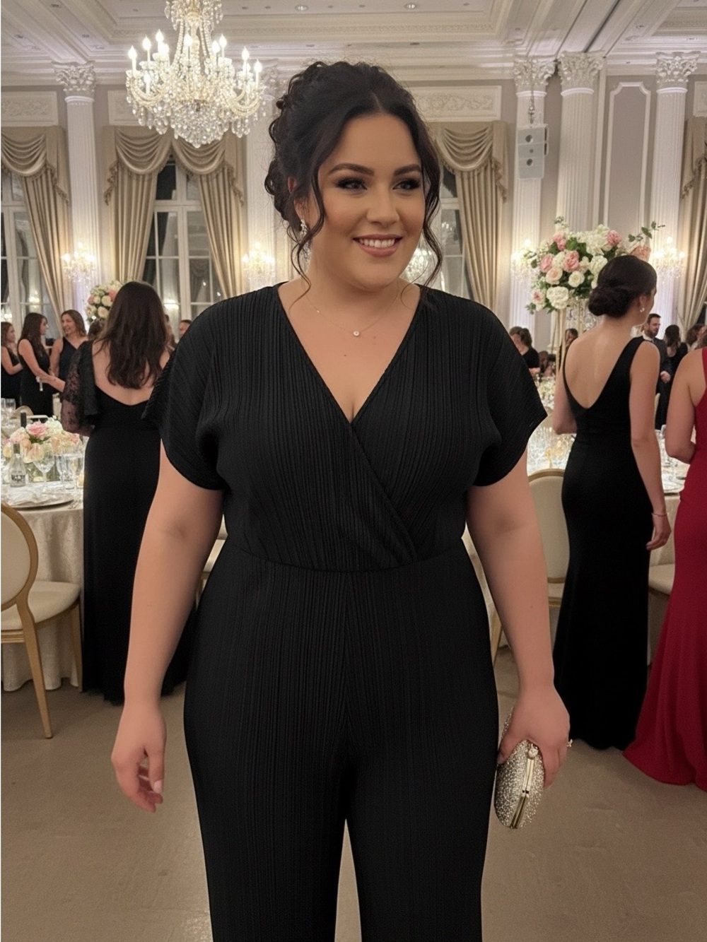 Boohoo Black V-Neck Pleated Wide-Leg Jumpsuit
